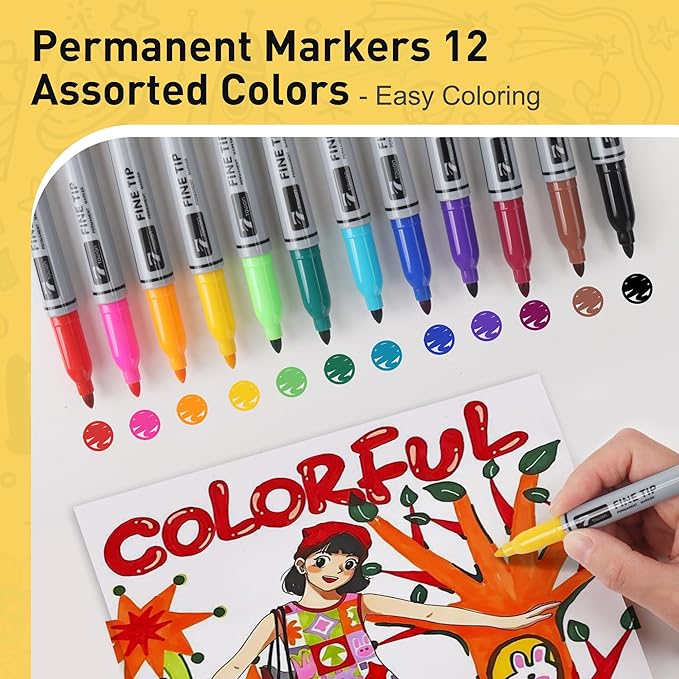 12 Permanent Markers - Assorted Colors Drawing Marker Pens Set, Waterproof Quick Drying Fine Tip Colored Artists Markers for Adults Coloring