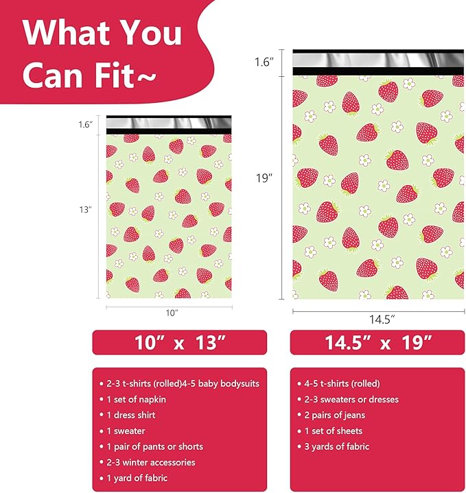 Poly Mailers 14.5x19 Inch 50 Pcs - Strawberries printed Shipping Bags, 2.4mil Thickness, Waterproof and Tear Resistant Mailing Envelopes, Self-Sealing Packaging Bags for Small Business