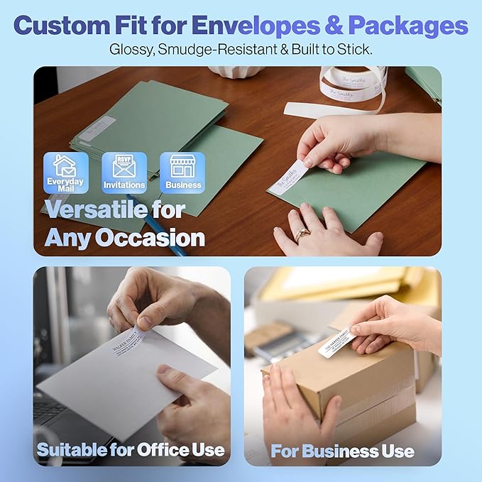 100 Personalized Address Labels - Glossy White Return Address Label 2.5" x 0.75'', Stylish Fonts for Envelopes & Packages, Customizable Labels for Home or Office Use