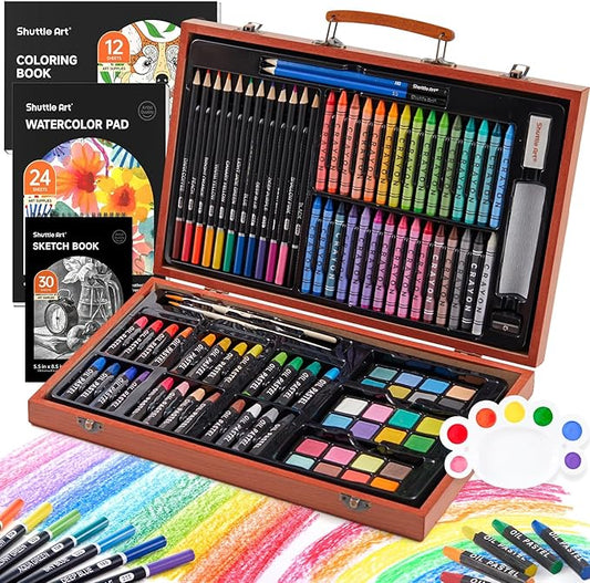 Shuttle Art 106 Piece Deluxe Art Set, Art Supplies in Wooden Case, Painting Drawing Art Kit with Crayons Colored Pencils Oil Pastels Watercolor Cakes Coloring Book Sketch Pad for Kids Adults