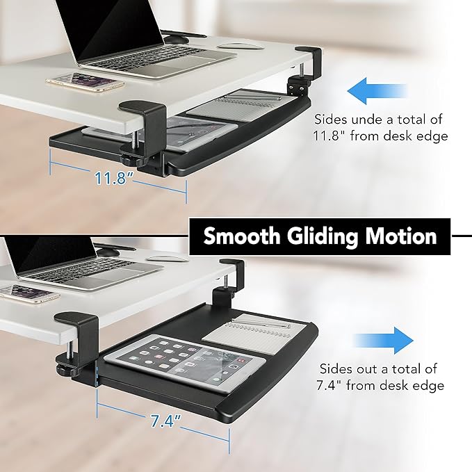 EHO Clamp-On Retractable Adjustable Keyboard Tray, Under Desk Ergonomic Keyboard Tray - Easy Tool-Free Install - Small Surface 20" (24.8" Including Clamps) x 11.5"