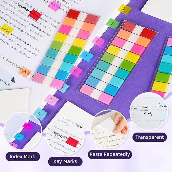 Golcellia Transparent Sticky Notes, See Through Sticky Note, Pastel Colorful Clear Sticky Notes-1040 Sheet Pack (3 Styles) Annotating Books Repositionable Translucent Sticky Tabs