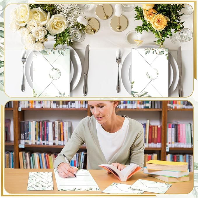 TaoBary 160 Pcs Stationery Paper Set 50 Double Sided Stationery Papers with 50 Matching Envelopes and 60 Round Dot Sticker, 10 Design(Eucalyptus,5.5 x 8.25 Inch)