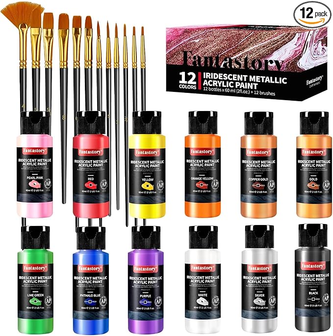 Fantastory Metallic Iridescent Acrylic Paint Set with 12 Brushes, 12 x 2oz Metallic Colors, Color-Shifting, Craft Paint Kit, Metal/Canvas/Rock/Stone/Ceramic/Model/Wood Painting [Balanced Series].
