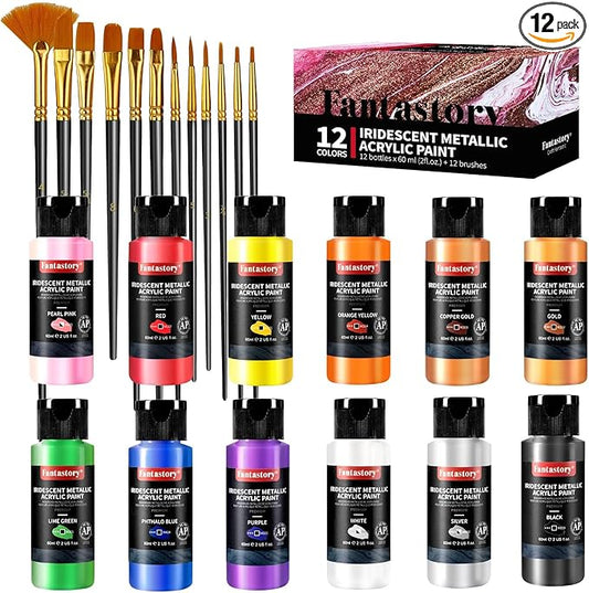 Fantastory Metallic Iridescent Acrylic Paint Set with 12 Brushes, 12 x 2oz Metallic Colors, Color-Shifting, Craft Paint Kit, Metal/Canvas/Rock/Stone/Ceramic/Model/Wood Painting [Balanced Series].
