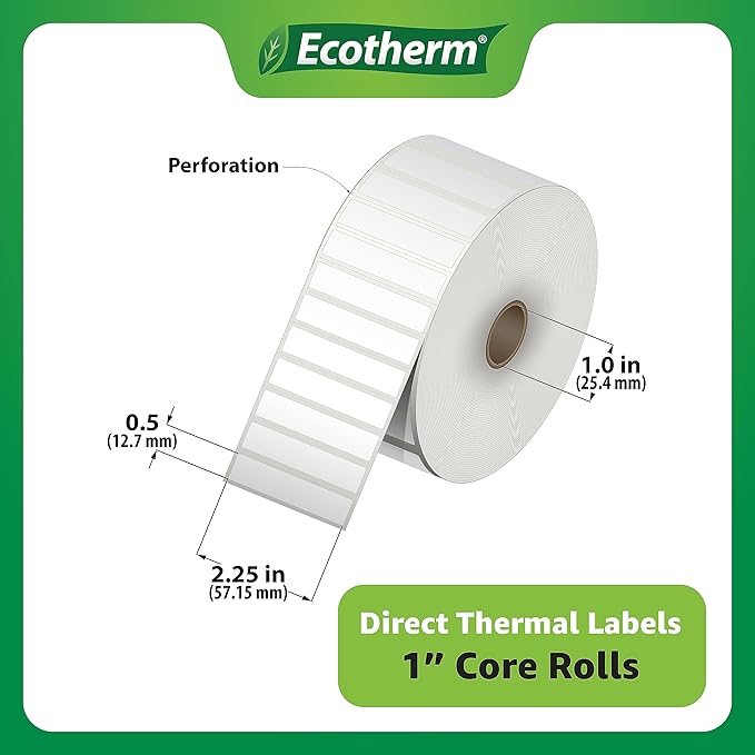 2.25" x .5" Thermal Labels | 6 Rolls | 25200 Labels | fits Zebra, Munbyn, Rollo, Godex, Arkscan, iDPRT, Offnova Thermal Label Printers and More | Blank White Adhesive Stickers by Ecotherm