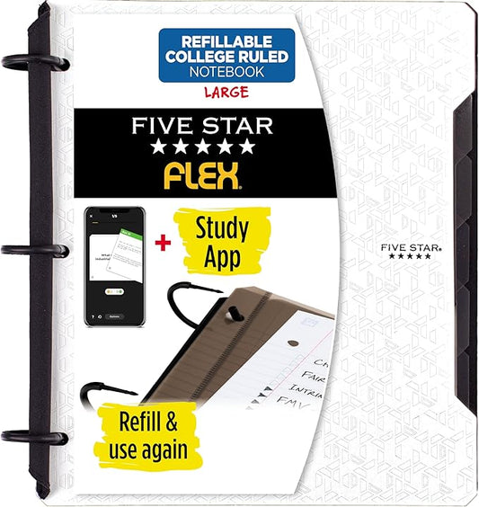 Five Star Flex Refillable Notebook + Study App, College Ruled Paper and 1 Inch TechLock Ring Binder with Pockets, Tabs and Dividers, 200 Sheet Capacity, White (29328AE2)