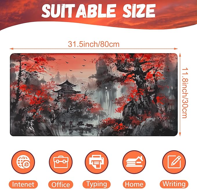 Desk Mat, Red Landscape Painting Desk Pad, Ink Painting Large Gaming Mouse Pad for Desk, 31.5"x15.7" Extended Big Computer Keyboard Mouse Pad with Non-Slip Base and Stitched Edge
