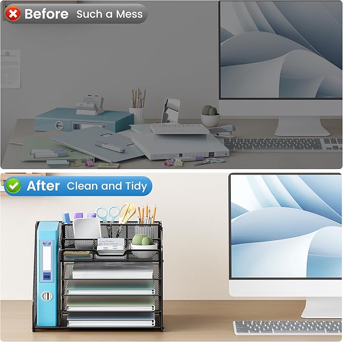 Lavatino Desk Organizer, 5-Tier Metal Mesh Paper Letter Tray with 1 File Holders & 7 Flexible Dividers for Office or Home Desk Organizers and Accessories, Keep Workspace Supplies Neat, Black