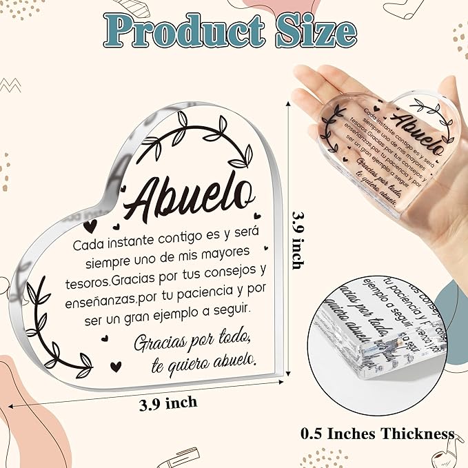 Yopyame Spanish Grandpa Acrylic Gifts - Regalos para Abuelo Heart Acrylic Plaque Ideas Keepsake Paperweights for Grandpa in Spanish Father's Day Christmas Gifts for Grandpa from Granddaughter Grandson