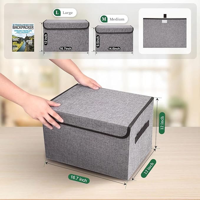 Large 42 Quarts Fabric Storage Bins with Lids [2-Pack] Linen Collapsible Foldable Storage Cubes, Closet Organizer Containers boxes with Handles for Home Office (16.7 x 12 x 12, Gray)