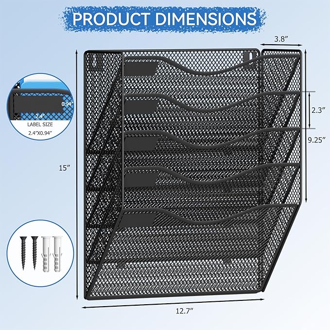 JessYo 5 Pocket Wall File Organizer Wall Mounted Mail Folder Paper Document Holder Clipboard Storage Organization Pocket Vertical Hanging Magazine Rack for Office Home School, Black