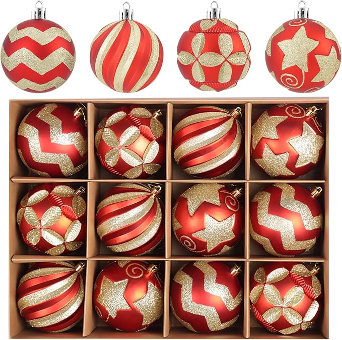 4 Inch Red Gold Christmas Ornaments, 12Pcs Large Shatterproof Christmas Bulbs Ornaments, Big Christmas Balls Hanging Decorations for Christmas Trees Holiday Parties Malls (Red & Gold)
