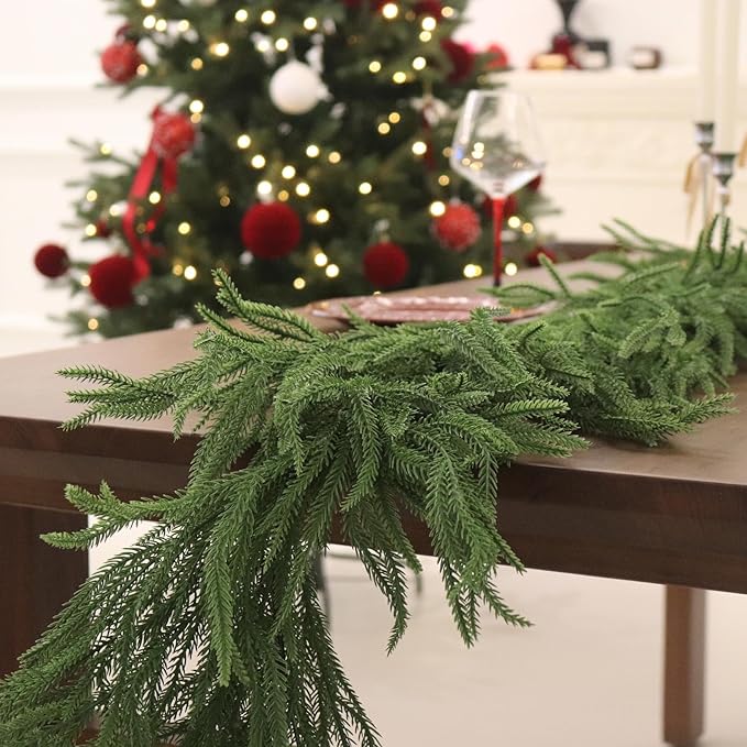 12FT Christmas Garland Norfolk Pine Garland Real Touch Artificial Greenery Garland for Mantle Fireplace Table Indoor Outdoor Holiday Decortions (Dark Green)