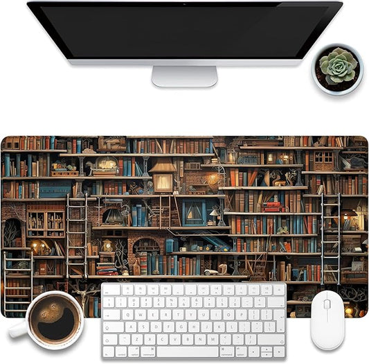 Desk Pad, Fantasy Shelves Desk Mat, Shelves Full of Books Large Gaming Mouse Pad for Desk, 31.5"x15.7" Extended Big Computer Keyboard Mouse Pad with Non-Slip Base and Stitched Edge