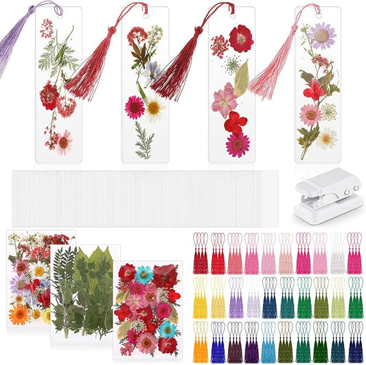 150 Pcs DIY Pressed Dried Flower Bookmark Making Kit, DIY Bookmark Bulk Thanksgiving Teacher Gifts for Reading Women Book Lovers(2 x 8 Inch,Rainbow Color)