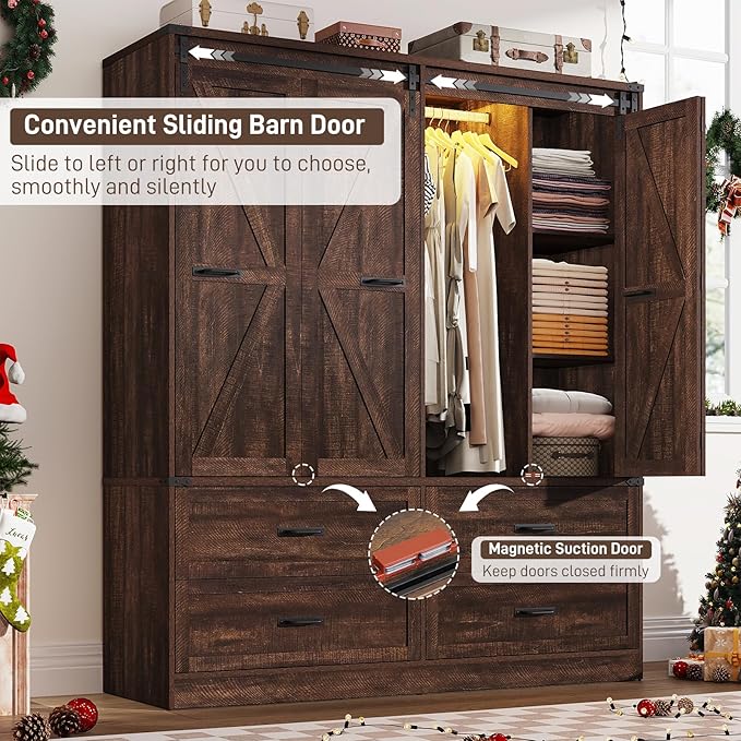 Farmhouse 4 Doors Armoire Wardrobe Closet w/Folding Sliding Barn Door and Lights, LED Armoire Closet w/Drawers for Bedroom, Freestanding Wooden Wardrobe Storage Closets w/Hanging Rod,Rustic Brown