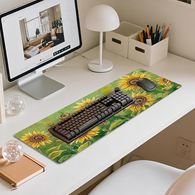 31.5”x11.8”Large Gaming Mouse Pad for Desk, Mouse Mat with Seamed Edges, Waterproof Desk Pad, Non-Slip Rubber Base, Keyboard Pad Computer Mat, Big XL Mousepad-Sunflowers On Green Oil Painting