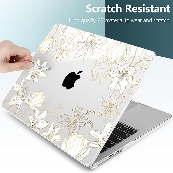 DONGKE Compatible with M4 MacBook Air 15 inch Case 2025 2024 2023 A3241 A3114 A2941 M3 M2 Liquid Retina Display Touch ID, Plastic Hard Case & Keyboard Skin & Screen Protector - Golden Floral