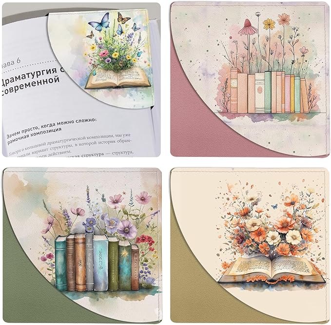 Floral Corner Bookmarks for Women Cute Leather Bookmarks 4 Pcs Reading Book Page Markers Back to School Gifts for Girls Students Teachers