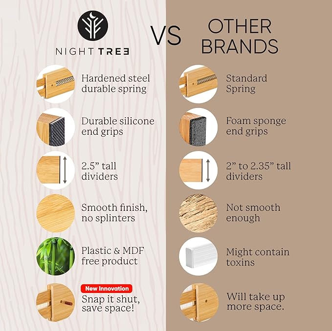 Night Tree Expandable Bamboo Drawer Dividers – Spring-Loaded Wooden Organizers for Clothes, Kitchen Utensils, Bathroom, and Dresser Drawers (13.5" to 17.5")