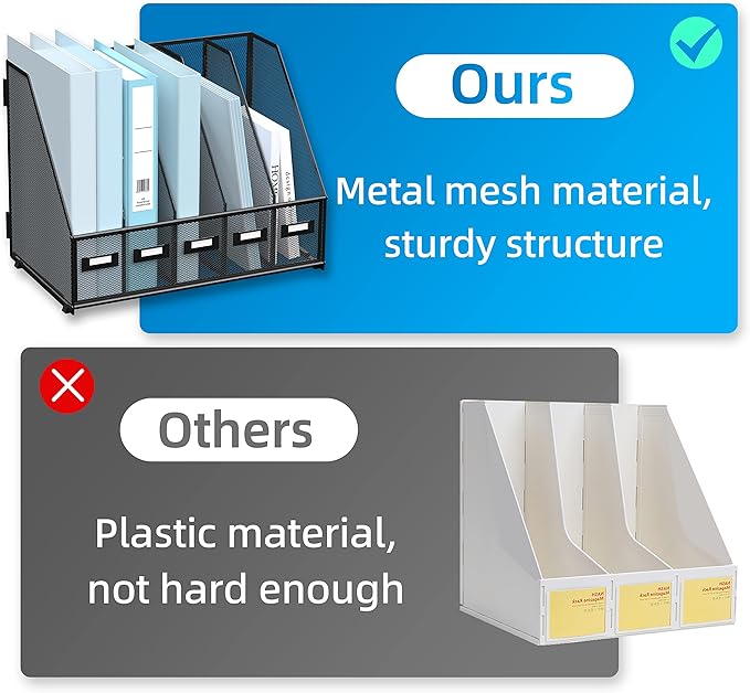 SUPEASY Desk Organizers Metal Desk Magazine File Holder with 5 Vertical Compartments Rack File Organizer for Office Desktop, Home Workspace, Black