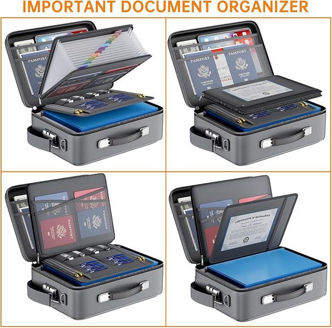 DocSafe Fireproof Document Box with Lock＆Shoulder Strap,Hard Case File Organizer with Accordion File Folder,Multi-Layer Portable Home Office Travel Safe Storage for Important Documents Laptop Gray