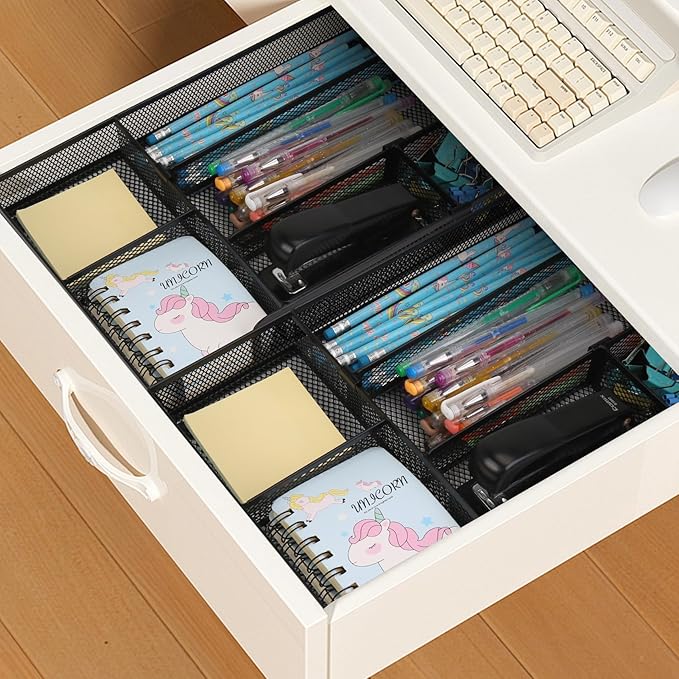 Desk Drawer Organizer Tray, with 2 Adjustable Compartments, Metal Mesh Drawer Organizer, Multifunction Desktop Drawer Organizer Organizer Set for Office, Home and School Supplies, 2PCS