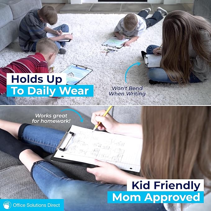 Black Plastic Clipboards (Set of 12) Multipack - 12.5x9 Inch Clipboard Holds 100 Sheets, Low Profile | Colored Acrylic Clip Boards in Bulk for Kids & Professionals