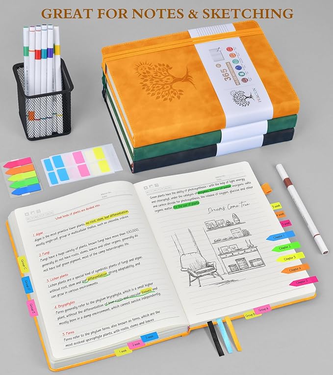 A4 Lined Journal Notebook，365 Page Large Leather Journals for Writing Women Men，Hardcover Notebook with 100Gsm Thick Pages for Travel，Work，School，College Ruled, Daily Diary (8.5" x 11.4")