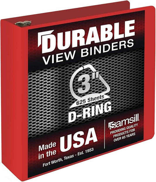 Samsill Durable 3 Inch Binder, Made in The USA, D Ring Binder, Customizable Clear View Cover, Ruby Red, Holds 625 Pages