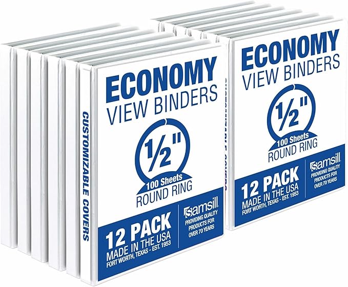 Samsill 0.5 Inch 3 Ring Binder, Made in USA, Economy Round Ring, Clear View Cover, 100 Sheet Capacity - for School, Home, Office - White, 12 Pack