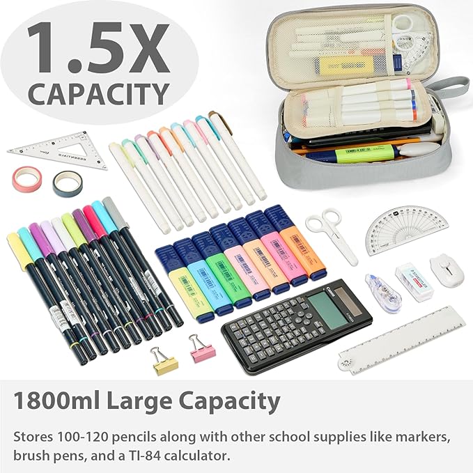 Pencil Case Pouch Box Bag School Supplies Girls Boys Kids, Cute Preppy Stuff Large Big Capacity Aesthetic Pen Organizer, Back to College Stationary, Light Gray, Standard Stlye, 1800ml