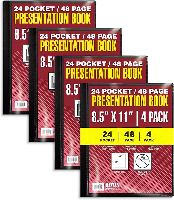 Better Office Products 24 Pocket Bound Presentation Book, Black, Clear View Front Cover, 48 Sheet Protector Pages, 8.5" x 11" Sheets, Art Portfolio, Durable Poly Covers, Letter Size (4 Pack)