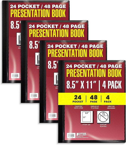 Better Office Products 24 Pocket Bound Presentation Book, Black, Clear View Front Cover, 48 Sheet Protector Pages, 8.5" x 11" Sheets, Art Portfolio, Durable Poly Covers, Letter Size (4 Pack)