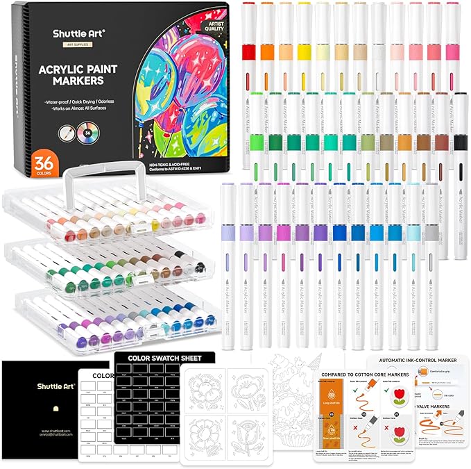 Shuttle Art Automatic Ink Control Acrylic Paint Markers, 36 Colors Brush Tip Acrylic Paint Pens for Rock Painting, Ceramic, Wood, Canvas, Glass, Stone, Fabric, Card Making, DIY & Art Supplies