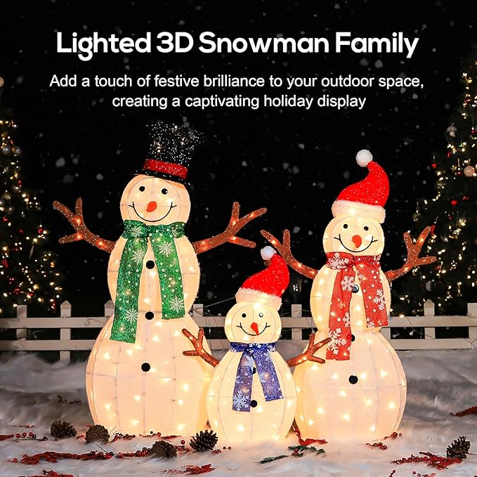 Hykolity 3.5 FT 3D Lighted Outdoor Snowman Family, Set of 3 Light Up Christmas Snowman with 180 Warm White LED Lights for Holiday Decoration, Ground Stakes, Zip Ties