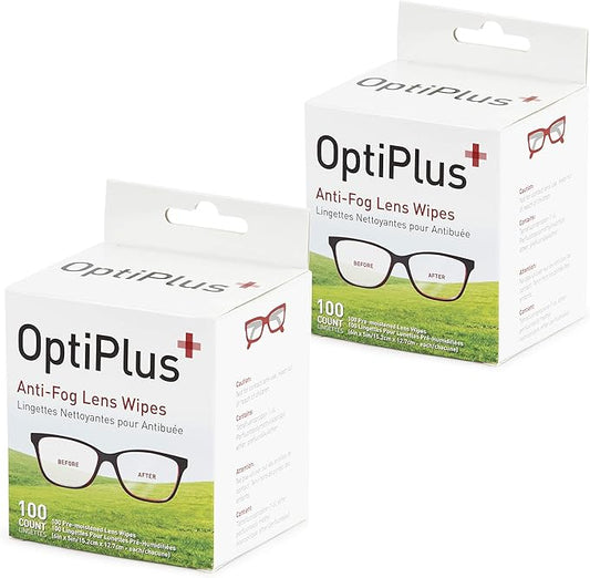 OptiPlus Anti Fog Lens Wipes l Pre-Moistened l Cleaning Wipes for Glasses, Laptops Screens, Smart Phones, Optical Lens, Goggles, and Watch Screen l Quick-Dry & Scratch-Free l Two Pack of 100 Pack
