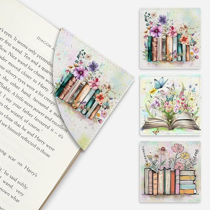 Floral Book Corner - Cute Leather Bookmarks, 3 Pcs Reading Page Markers - Gifts for Women, Men, Students and Teachers