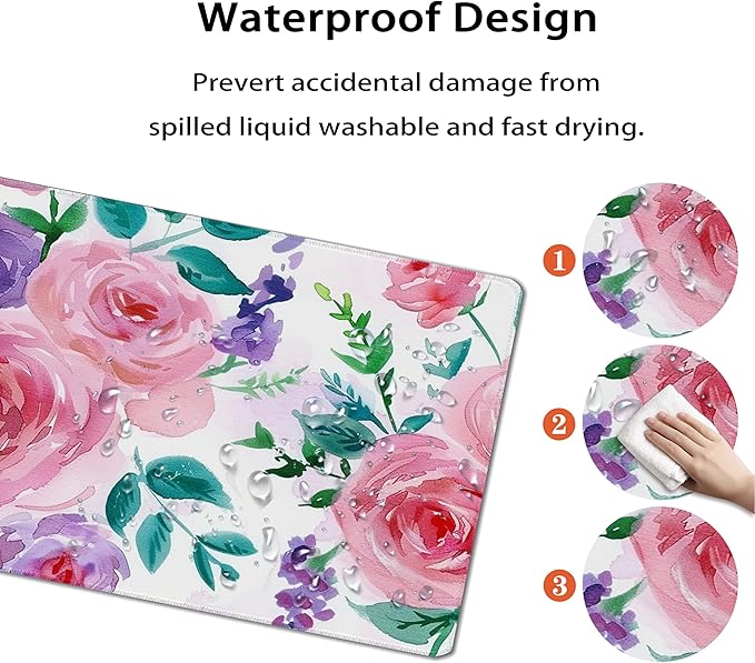 31.5”x11.8”Large Gaming Mouse Pad for Desk, Mouse Mat with Seamed Edges, Waterproof Desk Pad, Non-Slip Rubber Base, Keyboard Pad Computer Mat, Big XL Mousepad-Rose Watercolor Painting