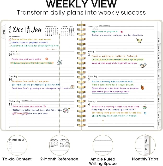 2026 Planner 8.5" x 11", Weekly and Monthly Calendar Planner Book, January 2026 - December 2026, Hardcover Spiral Planner with Monthly Tabs, Notes Pages, Perfect for Women & Men, A4 - Beige