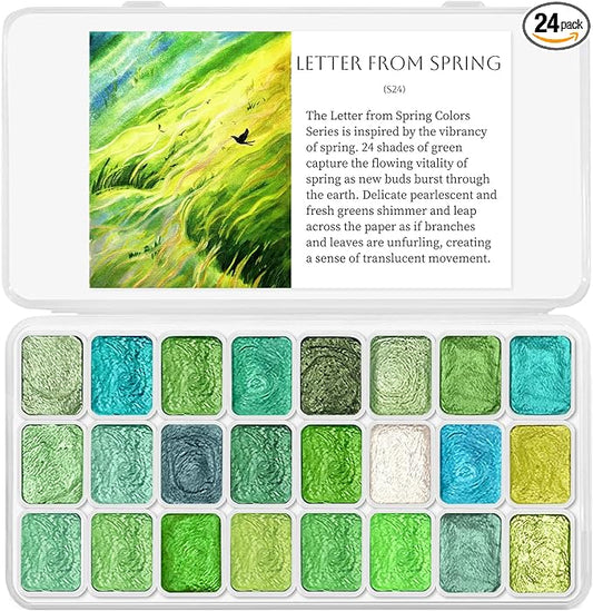 Mini Glitter Watercolor Paint Set with Paper, 24 Colors Shimmer Metallic Watercolour Painting Sets, Solid Pearl Water Color Paints for Adult, Kids, Green 1ml Trial Pack(Letter from Spring)