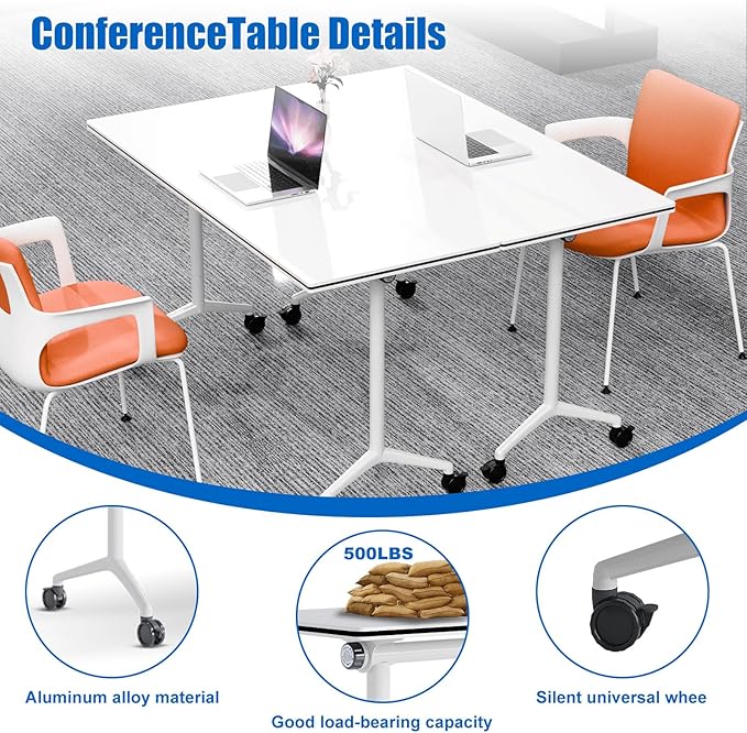 Conference Table, Folding Conference Desk Modern White, Seminar Table with Wheels, 2-10 People for Office, Meeting Break Room (6, 1915, 71IN)
