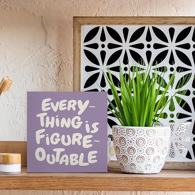 Inspirational Purple Office Decor, Every Thing is Figure Outable Motivational Office Accessories Wooden Box Sign, Inspirational Gifts for Women, Men Wall Desk Shelf Tabletop Decoration 8x8In