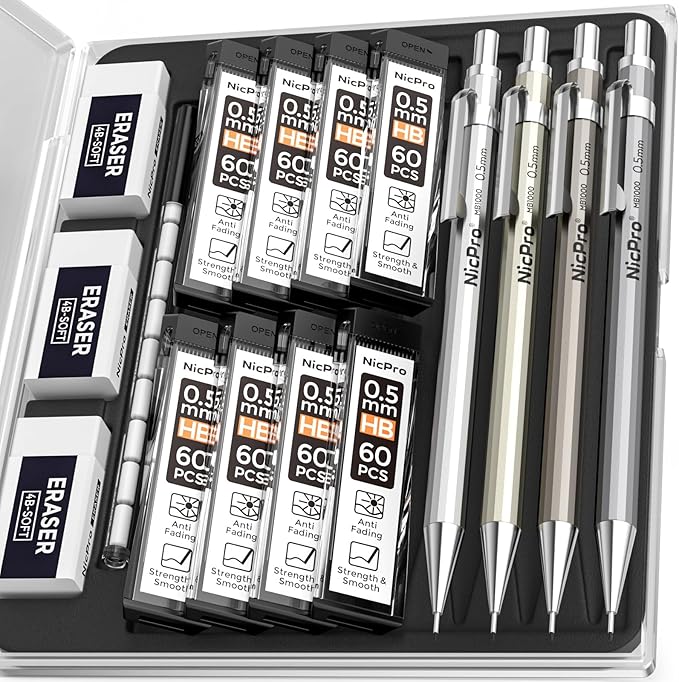 Nicpro 4 Pack Mechanical Pencil 0.5 mm with Case, MB1000 Metal Mechanical Pencil Set with 8 Tube HB #2 Lead Refill 0.5mm, 3PCS 4B Eraser, 9 Cap Eraser for Artist Drafting Writing, Sketching, Drawing