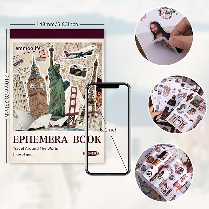 57 Sheets Vintage Travel Scrapbook Sticker Book, 500+ Vintage & Modern Stickers for Scrapbooking, 25 Pcs Ephemera Papers Art Scrapbook Supplies for Adults Teens Women Girls Junk Journal Journaling