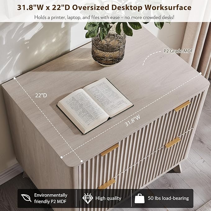 T4TREAM 2 Drawer File Cabinet, 31.8" W Fluted Lateral File Cabinet w/Files Hanging Rod for Letter/Legal/A4, Large Tabletop for Printer, Office Wood Printer Cabinets, Alder White (Gen 2)