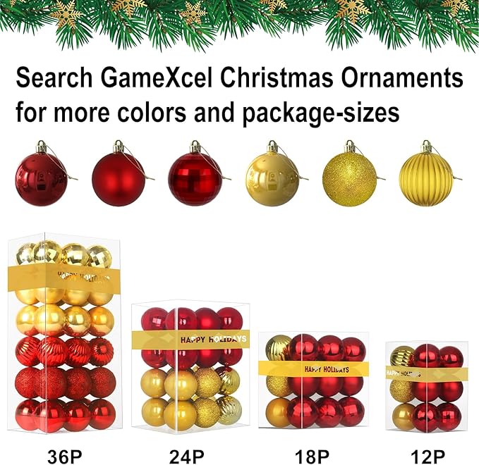 Red & Gold 2.5" Christmas Balls Christmas Tree Decoration Ornaments Shatterproof Hanging Balls for Birthday Halloween Holiday Wedding Decorations Set of 24pcs