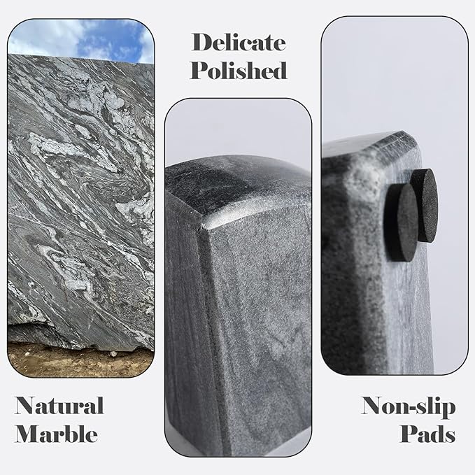 Marble Bookend for Shelves, Non-Skid Bookends for Heavy Books, Heavy Duty Book Stopper for CDs, Luxury Book Shelf Holder, Quarter Circle Design Book Ends Decorative, Monte Grigio, Set of 2