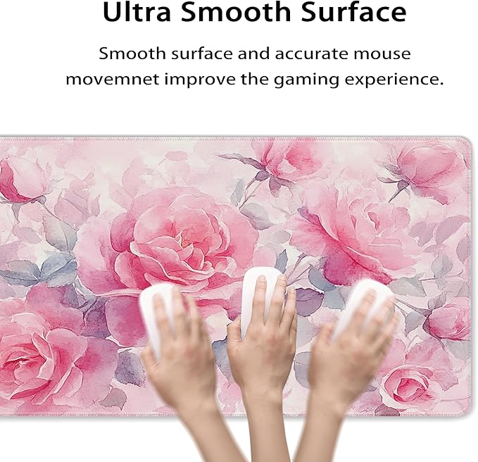 31.5”x11.8”Large Gaming Mouse Pad for Desk, Mouse Mat with Seamed Edges, Waterproof Desk Pad, Non-Slip Rubber Base, Keyboard Pad Computer Mat, Big XL Mousepad-Pink Roses Watercolor